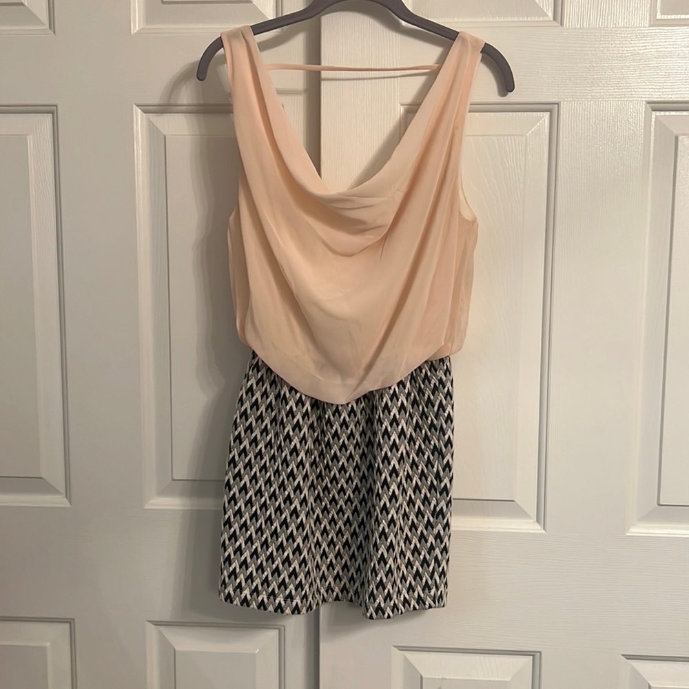 #8- Poetry Cream Black Geometric Print Scoop Neck Pull On Mini Dress Size Small